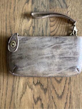 Taupe Distressed Wristlet Clutch with Turn-Lock Detail